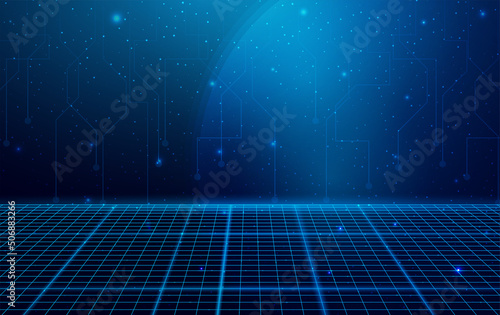 Wireframe perspective grid. Space neon infinity mesh, abstract retro background. Vector illustration