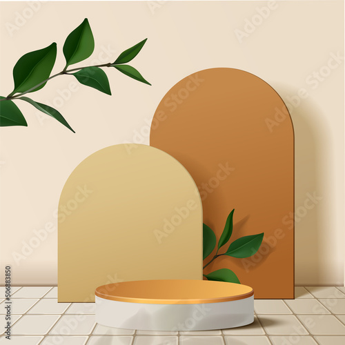 Abstract minimal scene. podium with leaves in clean background for product presentation displays.