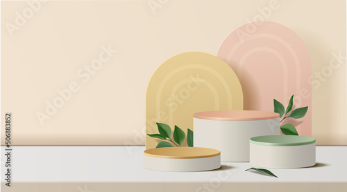 Abstract minimal scene. podium with leaves in clean background for product presentation displays.