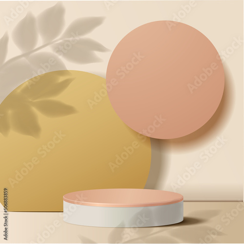 Abstract minimal scene. podium with leaves in clean background for product presentation displays.
