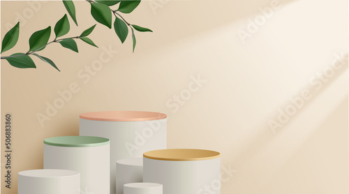 Abstract minimal scene. podium with leaves in clean background for product presentation displays.