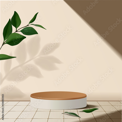 Abstract minimal scene. podium with leaves in clean background for product presentation displays.
