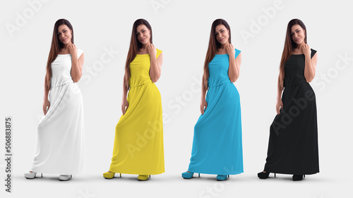 Long dress template on a dark-haired posing girl in shoes  white  black  yellow  blue sundress  isolated on background  front view.