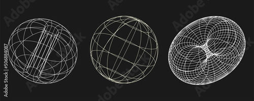 Cyber distorted shapes set, retro punk design elements. Wireframe wave geometry shape on black background. Vector illustration