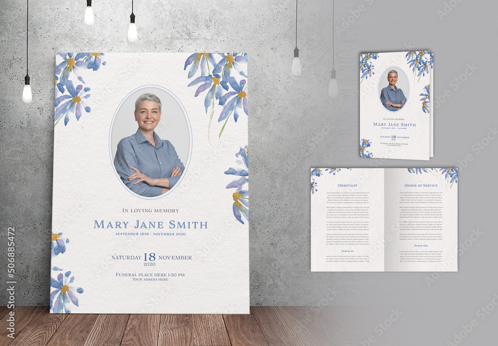 Blue Watercolor Flowers Funeral Print Set Stock Template | Adobe Stock