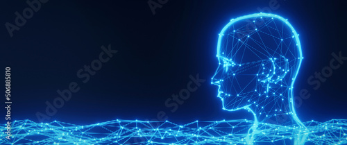 Hologram of human head made of wireframe plexus structure. Concept of artificial intelligence. 3D rendering photo