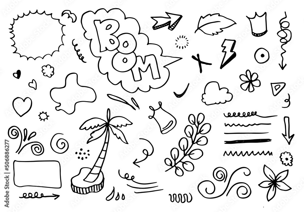 Obraz premium Hand drawn set elements, black on white background. Arrow, heart, love, star, leaf, sun, light, flower, crown, Boom,Swishes, swoops, emphasis ,swirl, heart, for concept design.