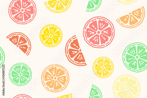 Multi color slices of a citrus fruits doodle summer pattern, multi color flat design seamless background collection. Lemon, Lime, Orange And Grapefruit Drawing.
