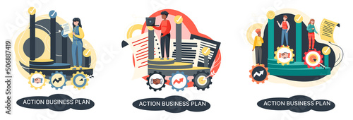 Action business plan, development strategies, foreseeing market risks. Company success secret, idea growing business achieve target metaphor, study production and sales market. Strategic biz planning