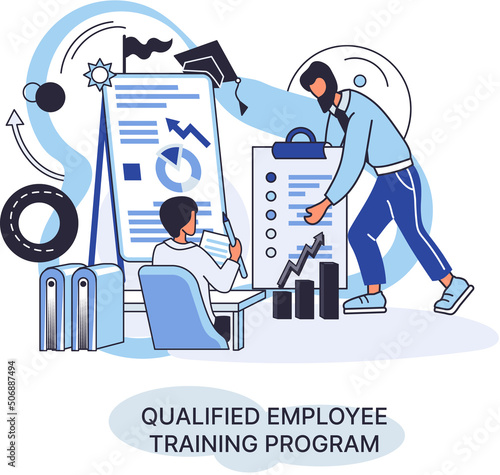Qualified employee training program. Refresher course metaphor. Help in professional development. Learning for software development and growth. Agile project management team project life scrum meeting
