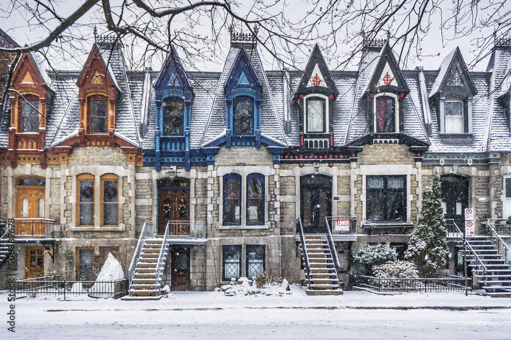 Fototapeta premium View on Carré Saint Louis colorful victorian houses on a snowfall day in Montreal, Quebec (Canada)