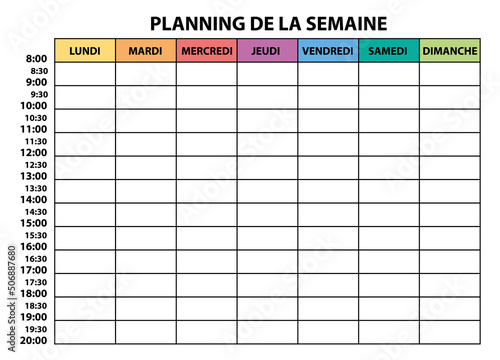 Planning de la semaine coloré. Template vectoriel. 7 jours. 8 heures à 20 heures. Français.
