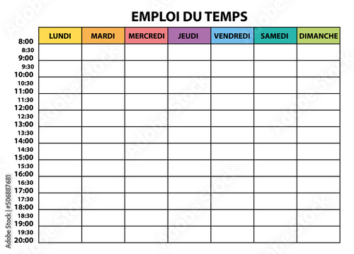 Emploi du temps coloré. Template vectoriel. 7 jours. 8 heures à 20 heures. Français.