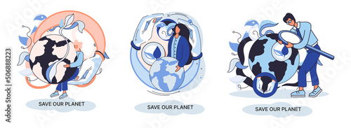 Save our planet ecological metaphor Earth day, love for native home. Sustainable gardening renewable energy. Caring for nature protecting environment stop air and water pollution, rational consumption