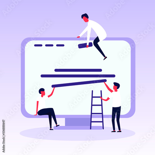 Flat vector illustration of small people are working together on creating a site design on computer monitor, website, applications. Site constructor, website builder, online service page, web design