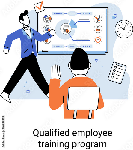 Qualified employee training program. Refresher course metaphor. Help in professional development. Learning for software development and growth. Agile project management team project life scrum meeting
