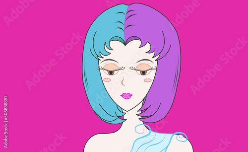 Drawing of a woman with short hair  half blue and pink. illustration vector hand drawn . curled eyelashes.