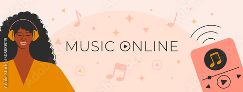 Afro woman with earphones listening to a music online. Promo banner for Podcast, Streaming, Online show, blogging, radio broadcasting. headphones. Vector illustration for poster, advertising.