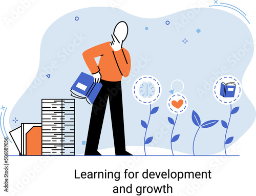 Learning development and growth. Self-learning metaphor, online emoloyee education distance e-learning. Skill improvement. Self development program way to success. Goal achieving professional training