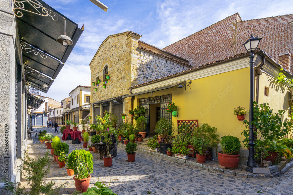 One of the sights of Korca, Albania, ottoman Old Bazaar with blue cloudy sky.