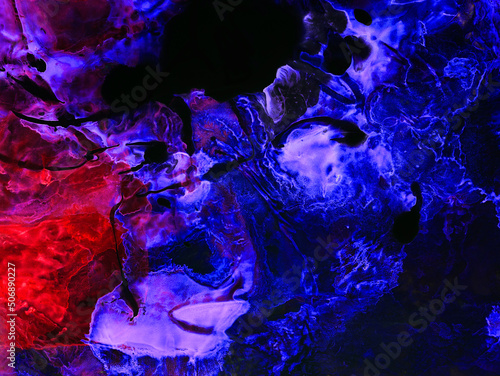 Blue and red neon creative abstract hand painted background, marble texture, brush stroke, acrylic painting on canvas.