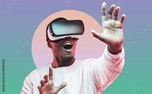 Fotografie Retro futuristic portrait of black man exploring metaverse in vr glasses, lookin