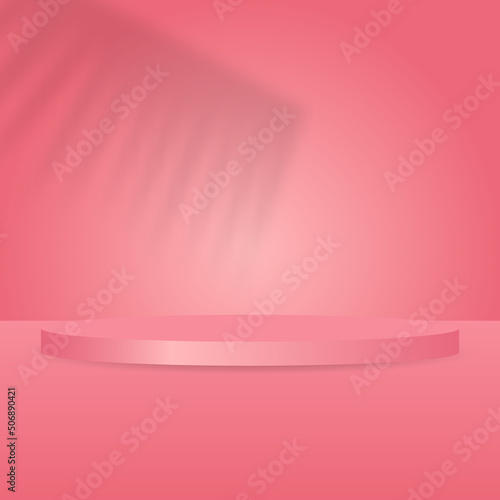 blank shiny podium with leaves shadow on pink wall studio room background scene for luxury product display © piggu