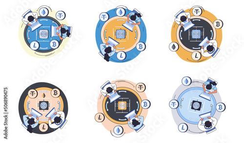 Colleagues discuss cryptocurrency market analytics. Investment in internet currency and blockchain technology. Employees work in mining and exchange of digital money on trading platform, marketplace