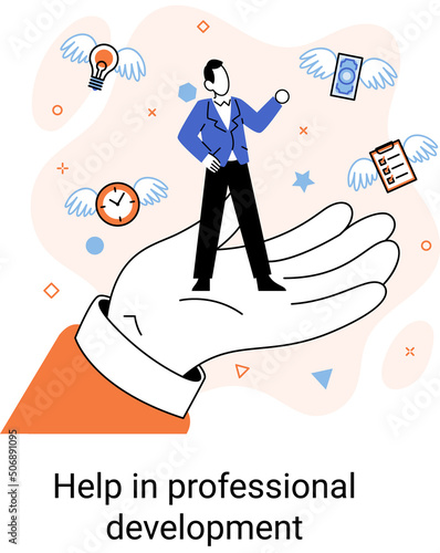 Help in professional development metaphor. Qualified employee training program. Refresher course. Human resource management organization. Business education workshop. School personality growth in team