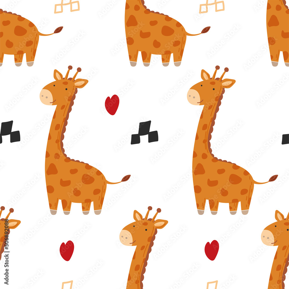 Cute hand-drawn childish seamless pattern with a kind giraffe in cartoon style on a white background. Vector illustration. Design of textiles, children's clothing, bed linen, gift wrapping. Cute hand-drawn childish seamless pattern with a kind giraffe in cartoon style on a white background. Vector illustration. Design of textiles, children's clothing, bed linen, gift wrapping.