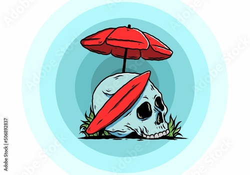 illustration of skull with surfing board under beach umbrella