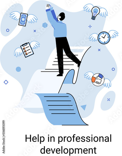 Help in professional development metaphor. Qualified employee training program. Refresher course. Human resource management organization. Business education workshop. School personality growth in team