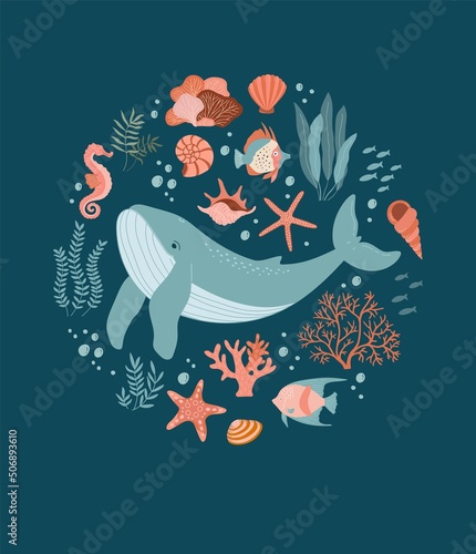 World ocean day poster. Set with hand drawn whale and sea life elements. Beautiful underwater world in flat style. Marine objects, summer print. Fish, jellyfish, shells, seaweed and corals.