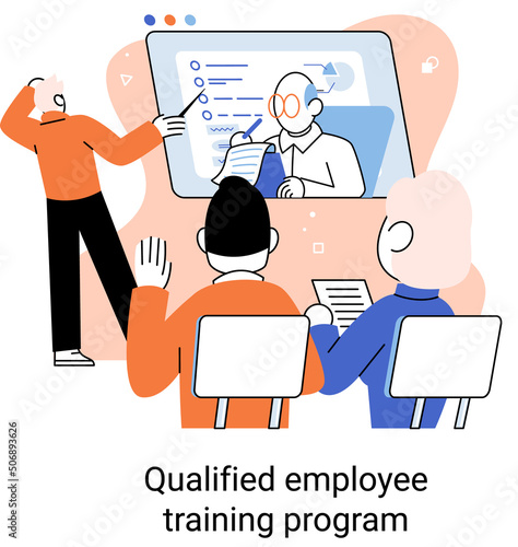 Qualified employee training program. Refresher course metaphor. Help in professional development. Learning for software development and growth. Agile project management team project life scrum meeting