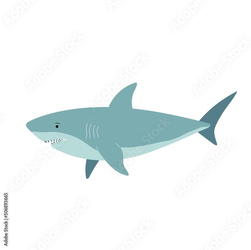 Shark in flat style isolated on white background. Cartoon sea predator vector illustration. Cartoon ocean fish character