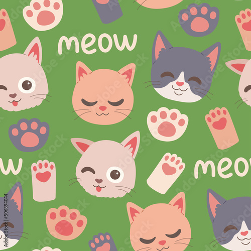 Cat muzzle and paw seamless pattern vector