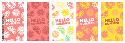 Hello Summer Citrus Backgrounds Collection, Vertical Stories Template for Social Media. Lemon, Orange, Grapefruit and Lime Juicy Backgrounds, suitable for Cafes, Menus, Restaurants, Prints and Designs