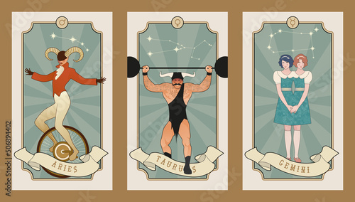 Cards signs of the zodiac inspired by the world of the vintage Circus. Aries, Taurus, Gemini