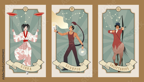 Cards signs of the zodiac inspired by the world of the vintage Circus. Libra, Scorpio, Sagittarius