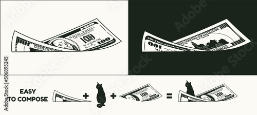 Twisted american 100 dollar bill with front and reverse side. Falling, flying banknote. Cash money. Divided into two parts to design easy. Detailed black and white monochrome vector illustration