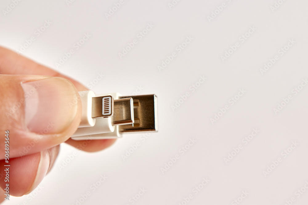 Hold the USB Lightning and USB C, USB connectors in your hand Hold the USB Lightning and USB C, USB connectors in your hand