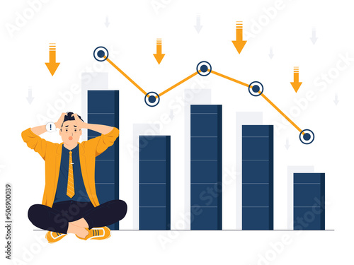 Vector concept illustration of Depressed Businessman upset and panicked thinking over Business failure, Bankruptcy, financial crisis, downward arrow flat cartoon style