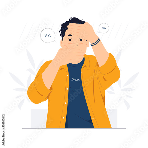 Vector concept illustration of Timid man covering face with hand and peeking through, embarrassing, feeling sorry, shying flat cartoon style