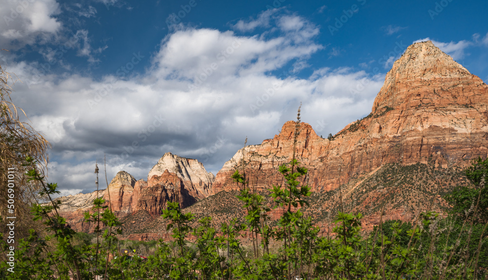Zion National Park red sandstone rocks with blue sky and clouds, Utah, USA