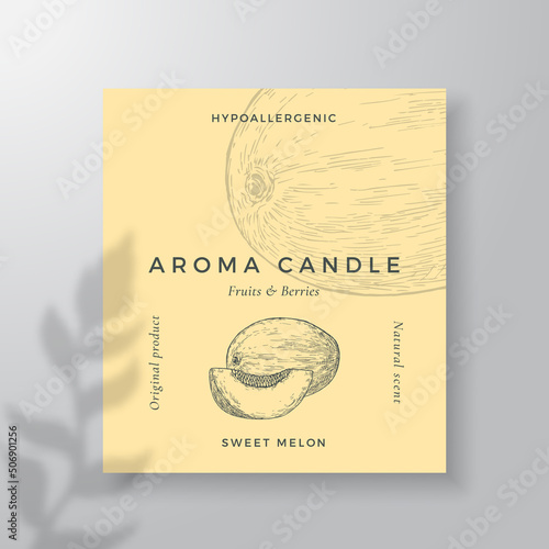 Aroma candle vector label template Watermelon scent from local purveyors advert design Ink style sketch background layout decor. Natural smell product package text space