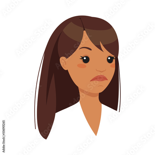 Face of Brunette Office Woman Character in White Blouse with Sad Grimace Demonstrating Emotion of Sadness Vector Illustration