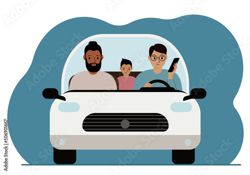 Man using smartphone while driving a car. A man is carrying his family in a car. Driving hazard.