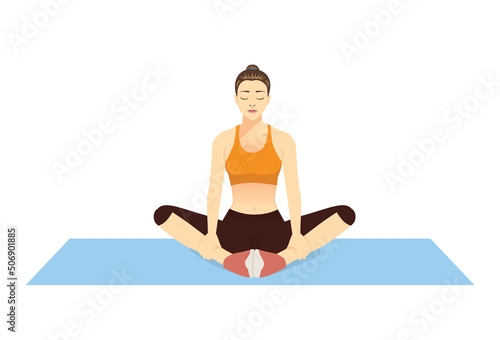 Women sitting on the floor doing butterfly stretch exercise pose. Illustration about workout diagram for relaxing muscles at hip, spine, leg, thing.