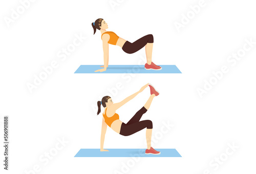 Women doing Exercise with Crab Toe Touches pose in 2 steps. Illustration about workout diagram to Abs, Calves, Obliques muscle.
