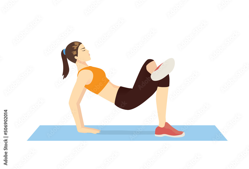 Fototapeta premium Women do Glute Stretches for tailbone stong with bridge pose and cross legs on the exercise mat. Illustration about workout diagram for strong at the hip, back, leg, and Pelvic.